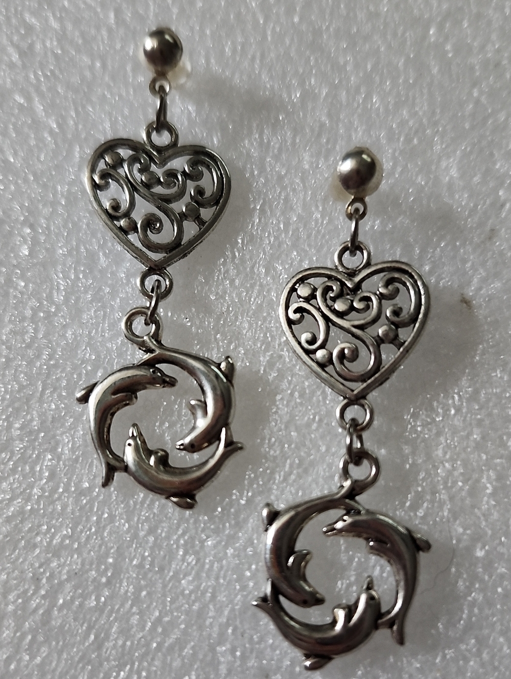 Hand Crafted Silver-Tone Heart and Dolphin Drop Earrings